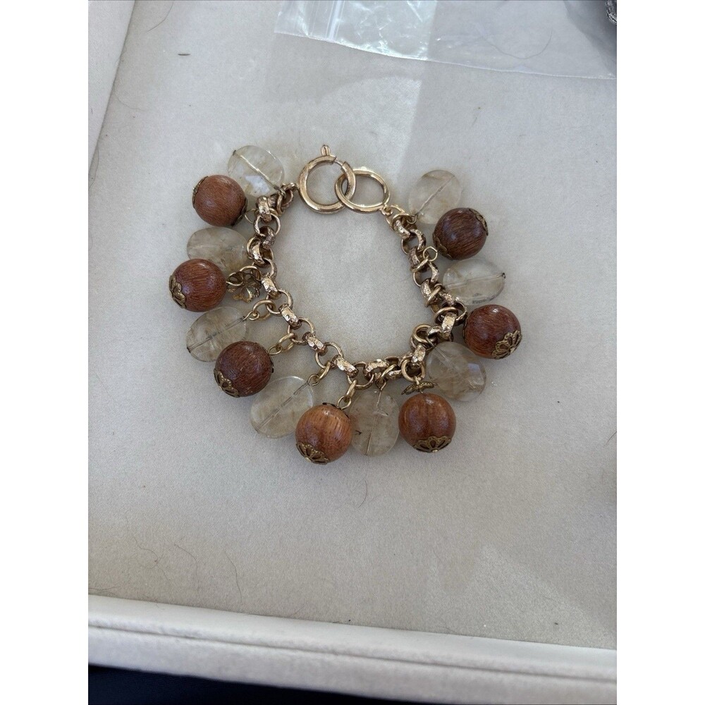 Vintage Gold Tone Cha Cha Charm Bracelet Wood & Faceted Glass Lucite Beads